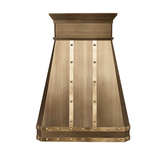 Custom antique brass range hood with tapered chimney design front view