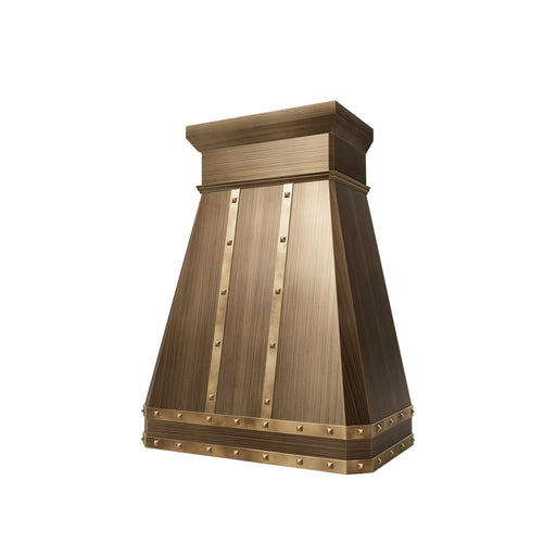 Custom antique brass range hood with tapered chimney design sloped view
