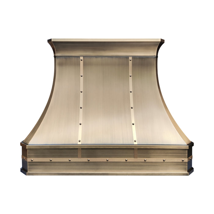 Vintage style curved brass range hood with nailhead detail, custom made metal hood for farmhouse home kitchen upgrade
