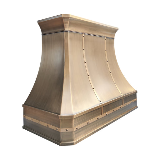 Premium antique bronze brass custom vent hood, decorative riveted trim design from Rangehoodmaster for summer kitchen renovation
