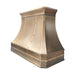 Curved silhouette aged brass range hood with horizontal and vertical riveted bands, high-end handmade kitchen exhaust hood

