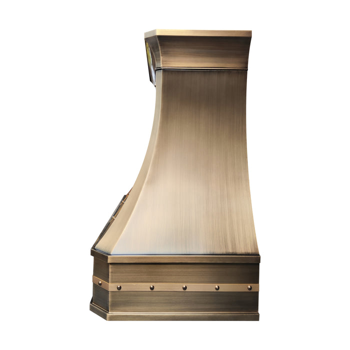 brass curved custom range hood with rivet trim, handcrafted metal vent hood