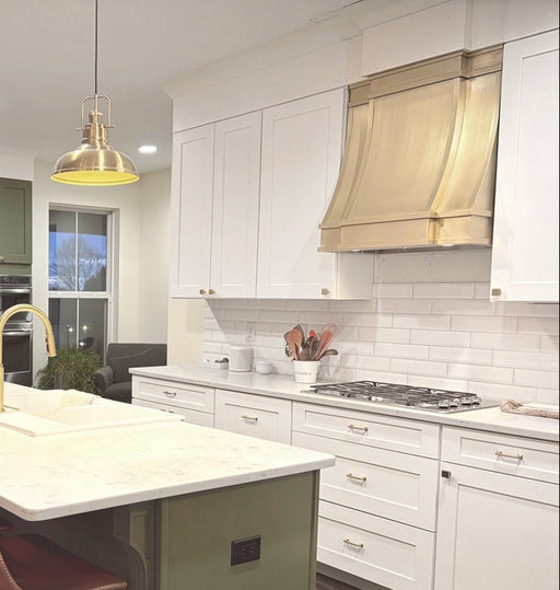 custom brushed brass stove hood with trims design for under cabinet kitchen at rangehoodmaster