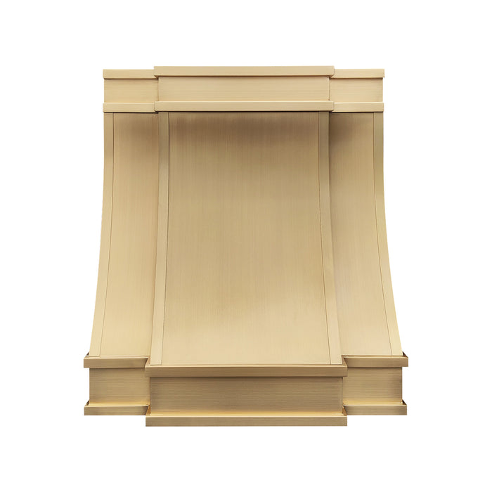 custom brushed brass stove hood with trims design for under cabinet kitchen at rangehoodmaster