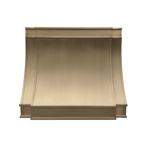 custom brass range hood with sloped and curve design at RangeHoodMaster