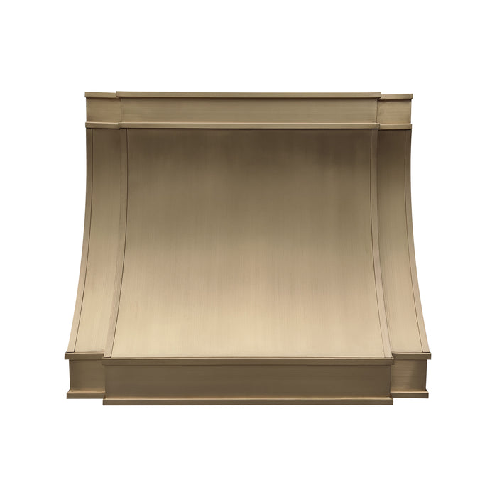 custom brass range hood with sloped and curve design at RangeHoodMaster
