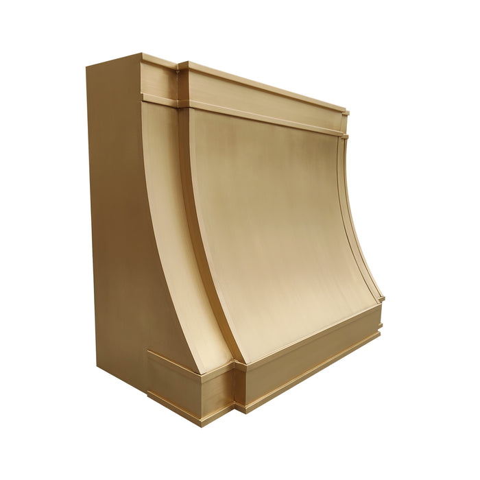 custom brass range hood with sloped and curve design at RangeHoodMaster