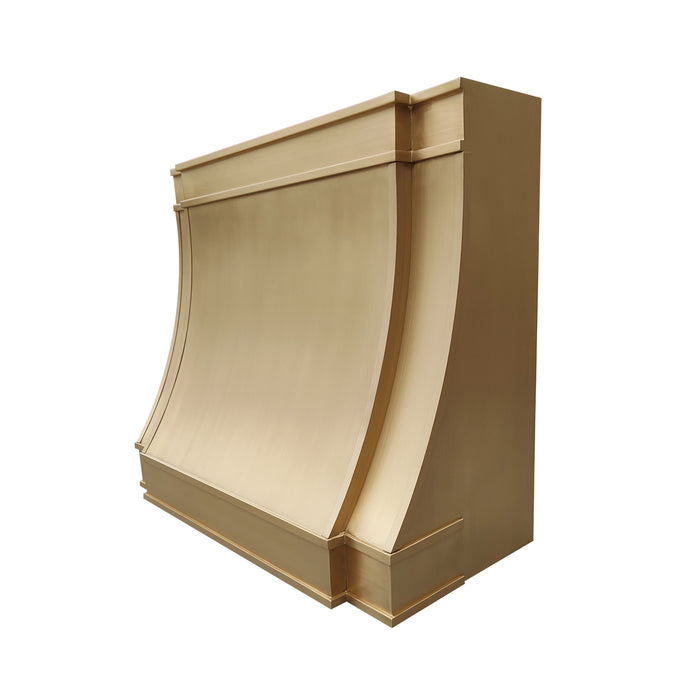 custom brass range hood with sloped and curve design at RangeHoodMaster
