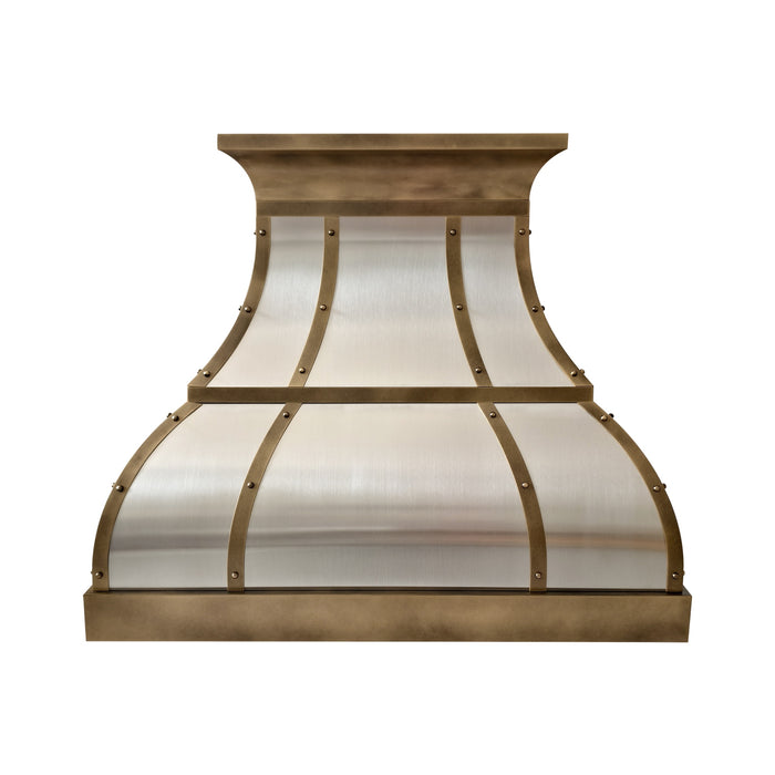 custom range hood with brass straps