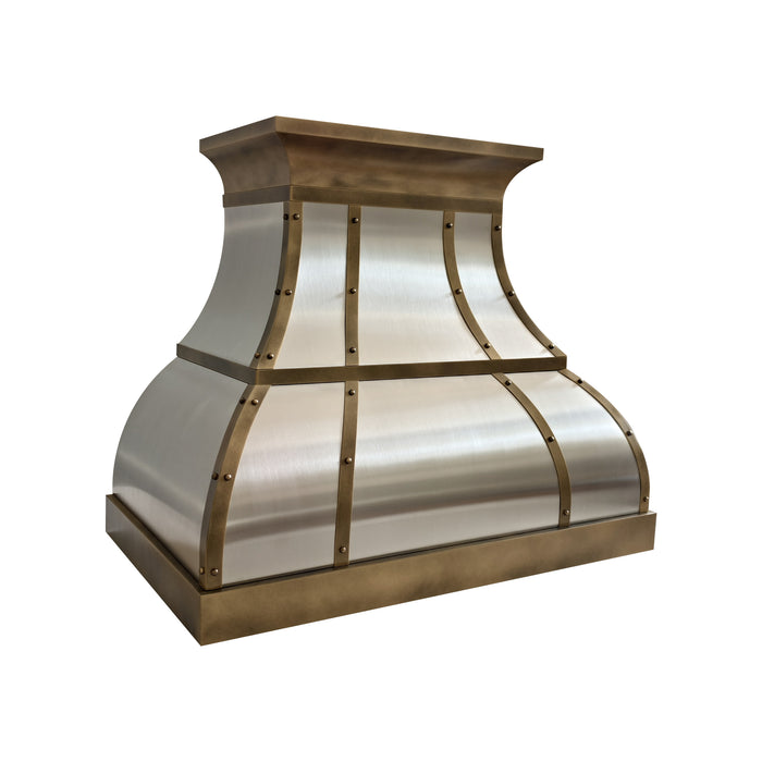brushed stainless steel range hood with brass straps