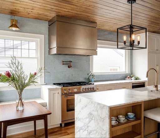 Custom champagne gold painted box range hood with handcrafted metal finish made of stainless steel at rangehoodamster