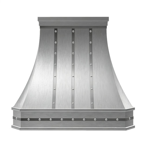 brushed stainless steel vent hood with sleek curved for farmhouse kitchen front view