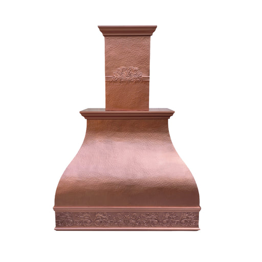 custom copper range hood in natural copper color with chimney extension design and hand hammered pattern at rangehoodmaster