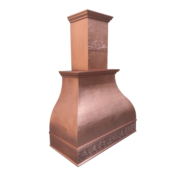 custom copper range hood in natural copper color with chimney extension design and hand hammered pattern at rangehoodmaster