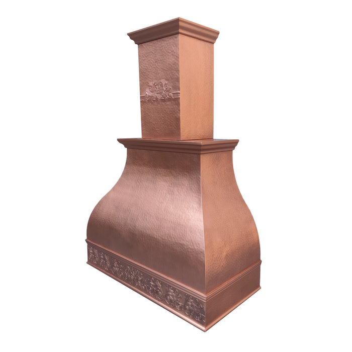 custom copper range hood in natural copper color with chimney extension design and hand hammered pattern at rangehoodmaster