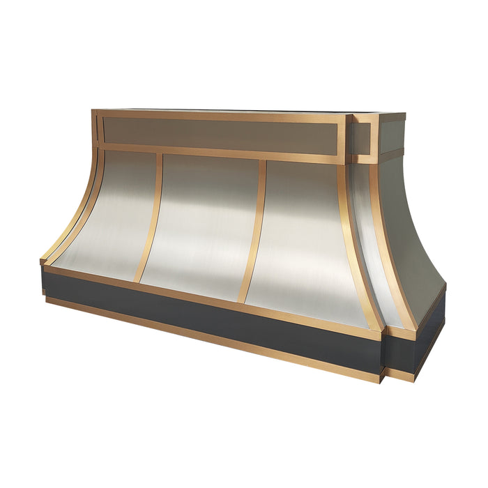 custom modern curved brushed stainless steel range hood with brushed brass straps handcrafted at rangehoodmaster