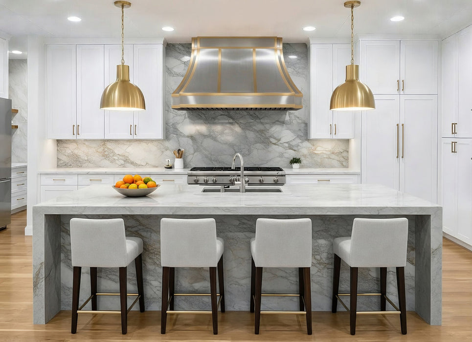 custom modern curved brushed stainless steel range hood with brushed brass straps handcrafted at rangehoodmaster