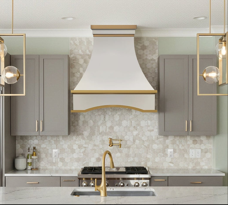 rangehoodmaster matte white stainless steel range hood curved body with arch apron with brushed brass straps