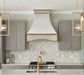 rangehoodmaster matte white stainless steel range hood curved body with arch apron with brushed brass straps