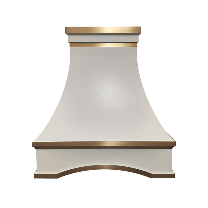 rangehoodmaster matte white stainless steel range hood curved body with arch apron with brushed brass straps