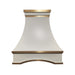rangehoodmaster matte white stainless steel range hood curved body with arch apron with brushed brass straps