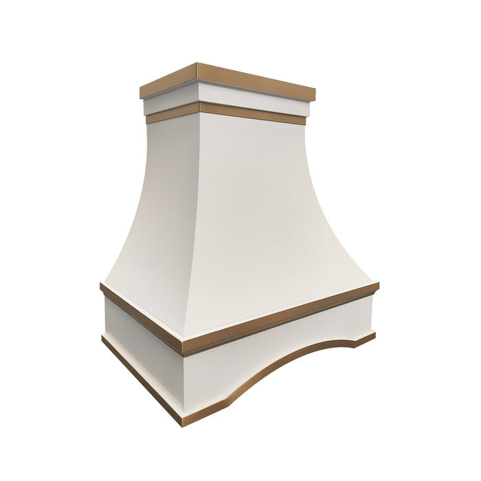 rangehoodmaster matte white stainless steel range hood curved body with arch apron with brushed brass straps