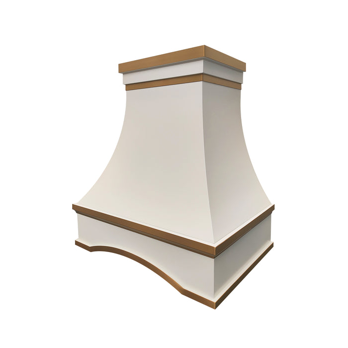 rangehoodmaster matte white stainless steel range hood curved body with arch apron with brushed brass straps