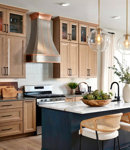 curved stainless steel range hood with light bronze straps