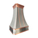 curved stainless steel range hood with light bronze straps