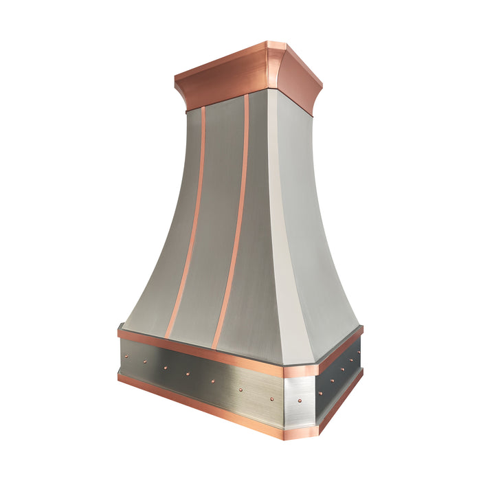 curved stainless steel range hood with light bronze straps