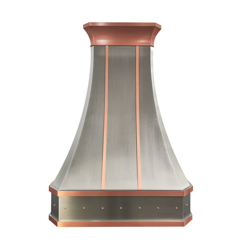 curved stainless steel range hood with light bronze straps