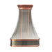curved stainless steel range hood with light bronze straps