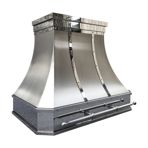 custom brushed stainless steel range hood with polished stainless steel straps and rivets and pot rail clipped corner design at rangehoodmaster