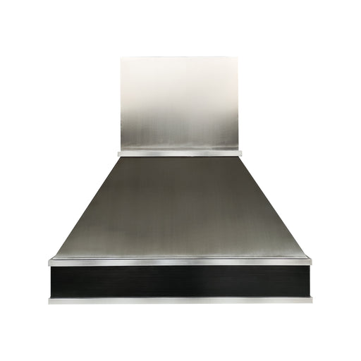 Modern brushed stainless steel range hood with black accent apron for contemporary kitchen