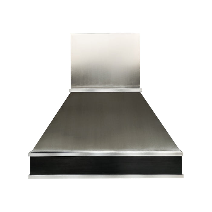 Modern brushed stainless steel range hood with black accent apron for contemporary kitchen