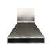 Modern brushed stainless steel range hood with black accent apron for contemporary kitchen