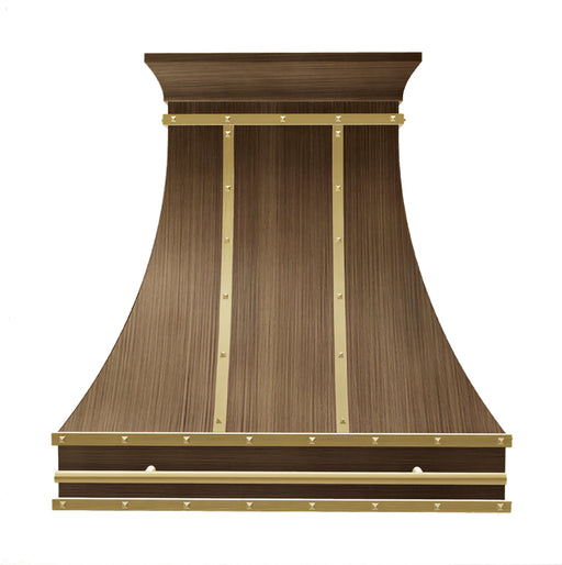 antique brass range hood with square rivets and decorative crown front  view