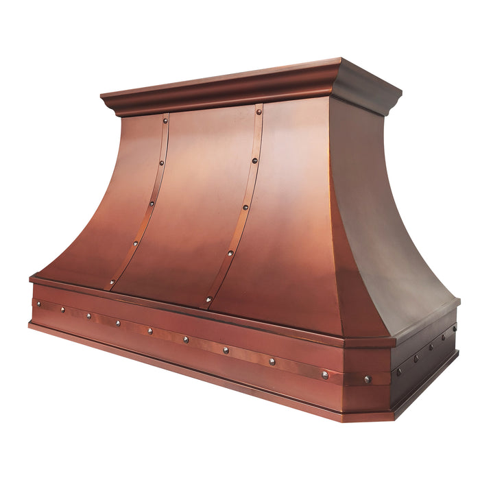 Handcrafted fired copper curved custom range hood for luxury kitchen in USA