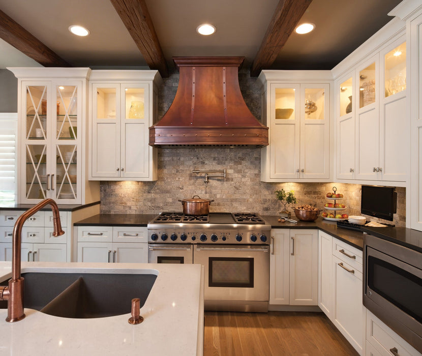 Handcrafted fired copper curved custom range hood for luxury kitchen in USA