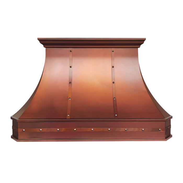 Handcrafted fired copper curved custom range hood for luxury kitchen in USA