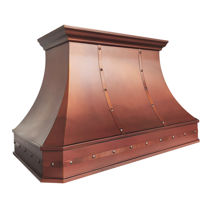 Handcrafted fired copper curved custom range hood for luxury kitchen in USA