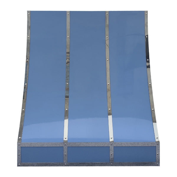 painted stainless steel range hood in custom glossy blue with polished stainless steel straps and small rivets slope design at rangehoodmaster