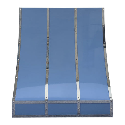 painted stainless steel range hood in custom glossy blue with polished stainless steel straps and small rivets slope design at rangehoodmaster