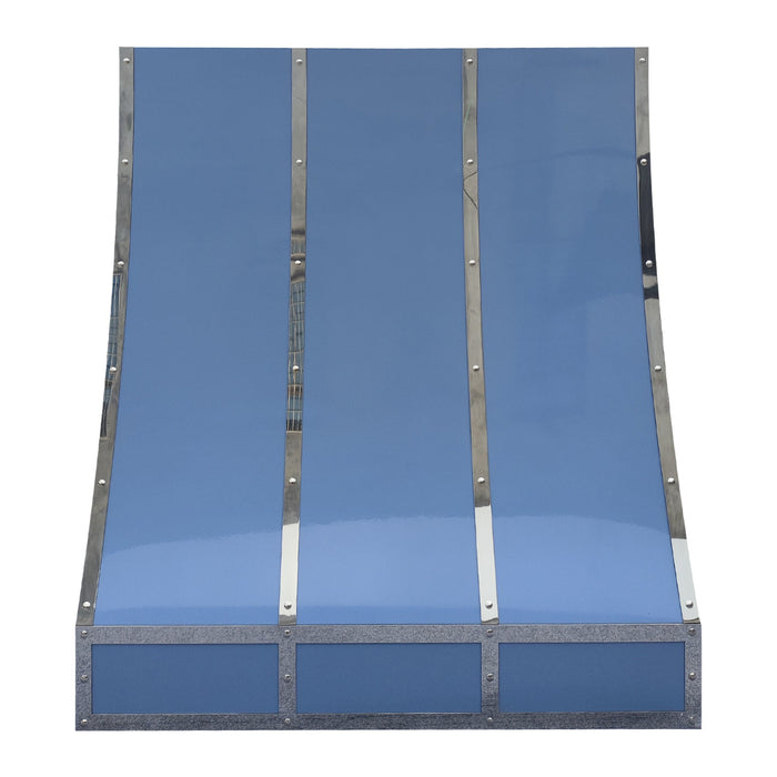 painted stainless steel range hood in custom glossy blue with polished stainless steel straps and small rivets slope design at rangehoodmaster