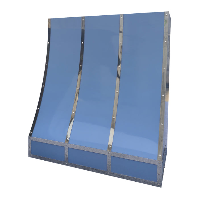 painted stainless steel range hood in custom glossy blue with polished stainless steel straps and small rivets slope design at rangehoodmaster