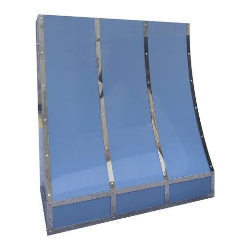 painted stainless steel range hood in custom glossy blue with polished stainless steel straps and small rivets slope design at rangehoodmaster