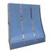 painted stainless steel range hood in custom glossy blue with polished stainless steel straps and small rivets slope design at rangehoodmaster