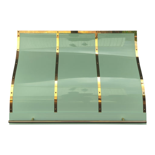 stainless steel range hood in custom green painted color with polished brass straps and pot rack at RangeHoodMaster