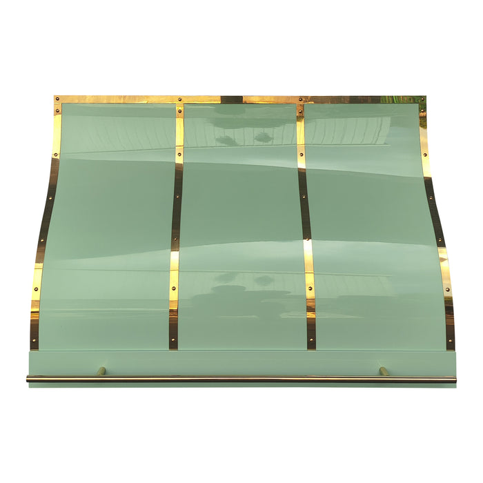 stainless steel range hood in custom green painted color with polished brass straps and pot rack at RangeHoodMaster