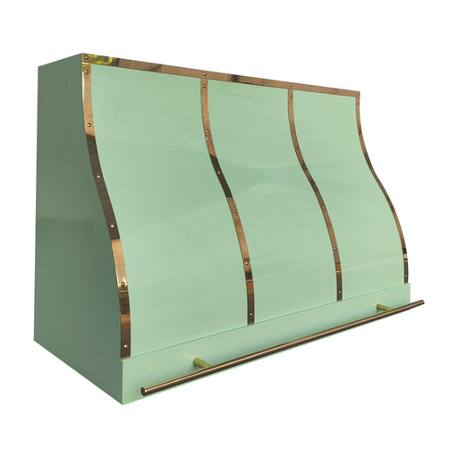 stainless steel range hood in custom green painted color with polished brass straps and pot rack at RangeHoodMaster
